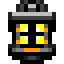 A black iron lantern, its four small panes glowing orange